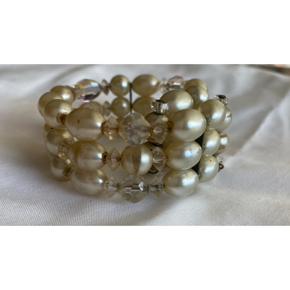Vintage Pearl Or Faux Pearl & Glass Multi Strand Bead Cuff Bracelet 8"‎